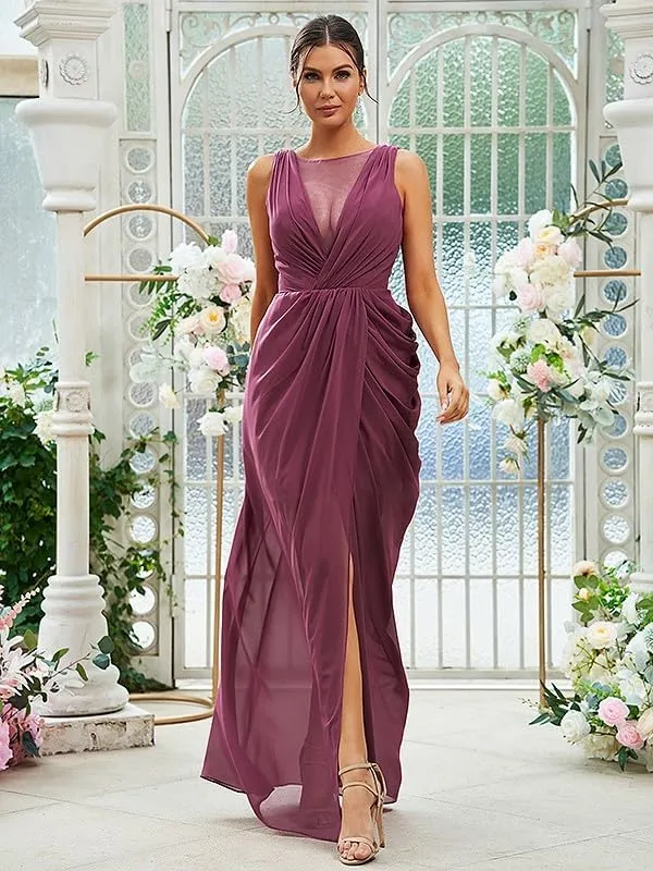 Long Bridesmaid Dresses for Women V Neck Chiffon Formal Party Gowns Ruched Sheath Wedding Guest Dresses with Slit
