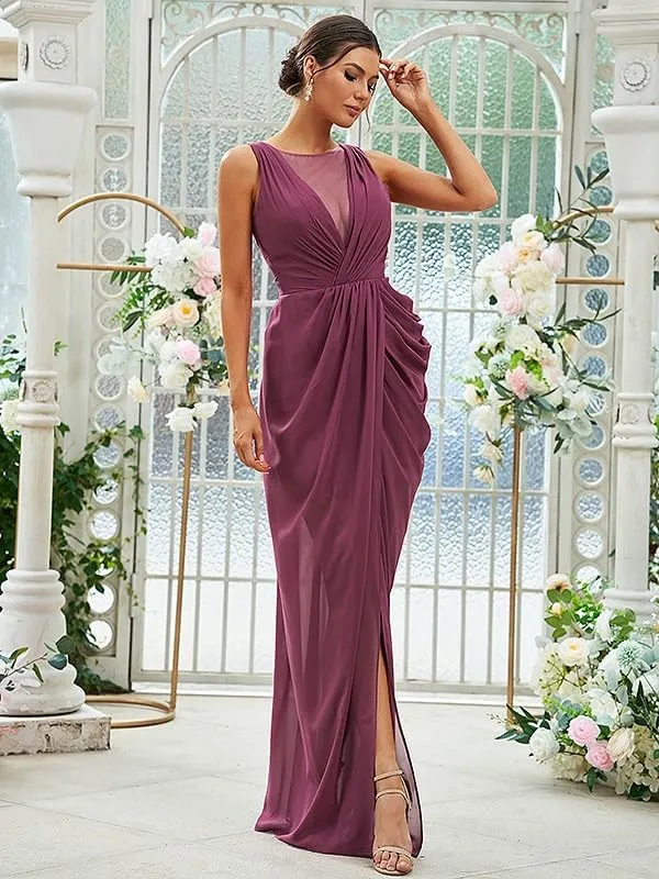 Long Bridesmaid Dresses for Women V Neck Chiffon Formal Party Gowns Ruched Sheath Wedding Guest Dresses with Slit