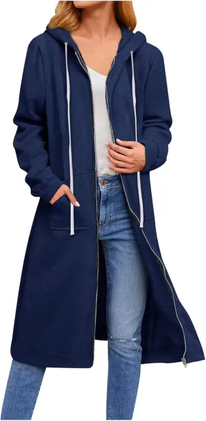 Long Jackets For Women Zip Up Hoodies Long Sleeve Fall Hooded Sweatshirt Coat Fashion Oversized Jacket With Pockets