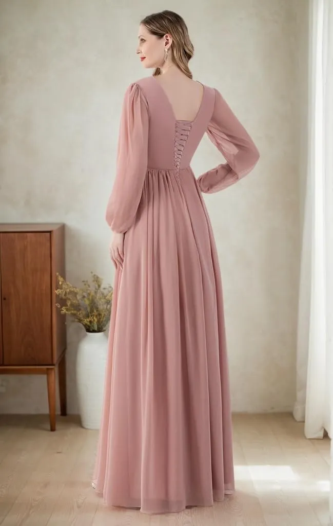 Long Sleeve Bridesmaid Dresses with Slit V-Neck Formal Dress Chiffon Pleated Empire Waist Wedding Guest Dress