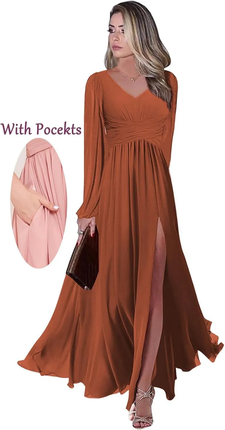 Long Sleeve Bridesmaid Dresses with Slit V-Neck Formal Dress Chiffon Pleated Empire Waist Wedding Guest Dress