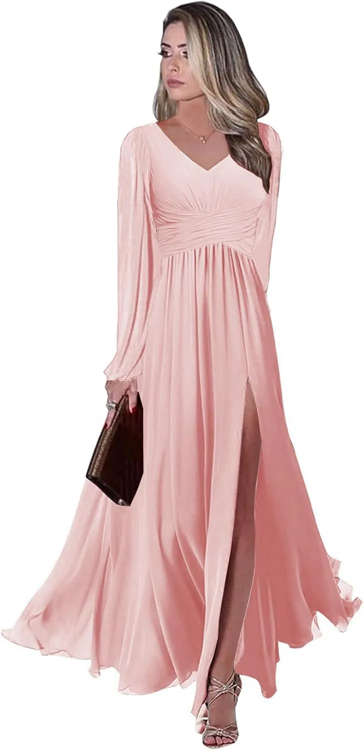 Long Sleeve Bridesmaid Dresses with Slit V-Neck Formal Dress Chiffon Pleated Empire Waist Wedding Guest Dress
