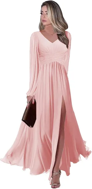 Long Sleeve Bridesmaid Dresses with Slit V-Neck Formal Dress Chiffon Pleated Empire Waist Wedding Guest Dress