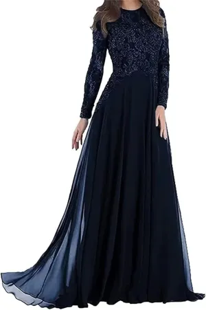 Long Sleeve Mother of The Bride Dress for Wedding Lace Appliques Chiffon A Line Formal Evening Party Gown for Women Navy US14