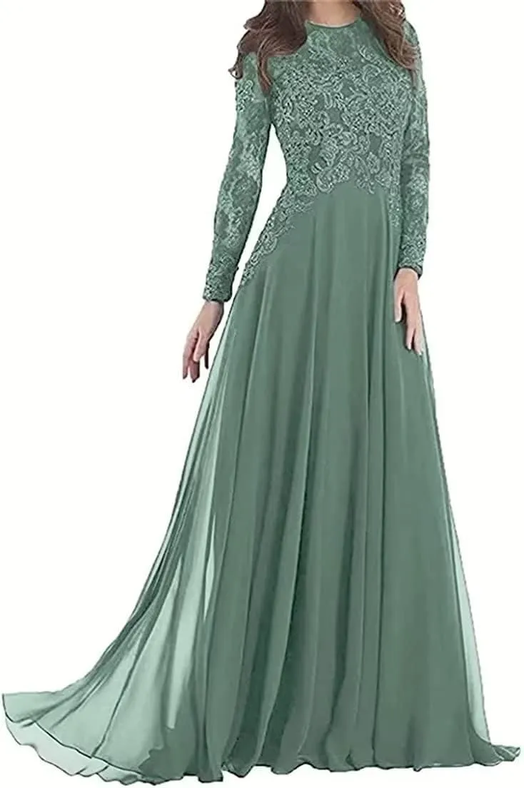 Long Sleeve Mother of The Bride Dress for Wedding Lace Appliques Chiffon A Line Formal Evening Party Gown for Women Pastel Green US12