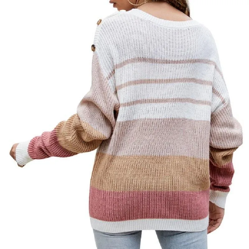 Loose O Neck Button Striped Long-sleeved Knitted Pullover Sweaters