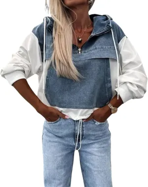 loveimgs Women Loose Denim Shirt Jean Jacket Hoodie Half Zip Pullover Sweatshirt Long Sleeve Hooded Patchwork Jumper