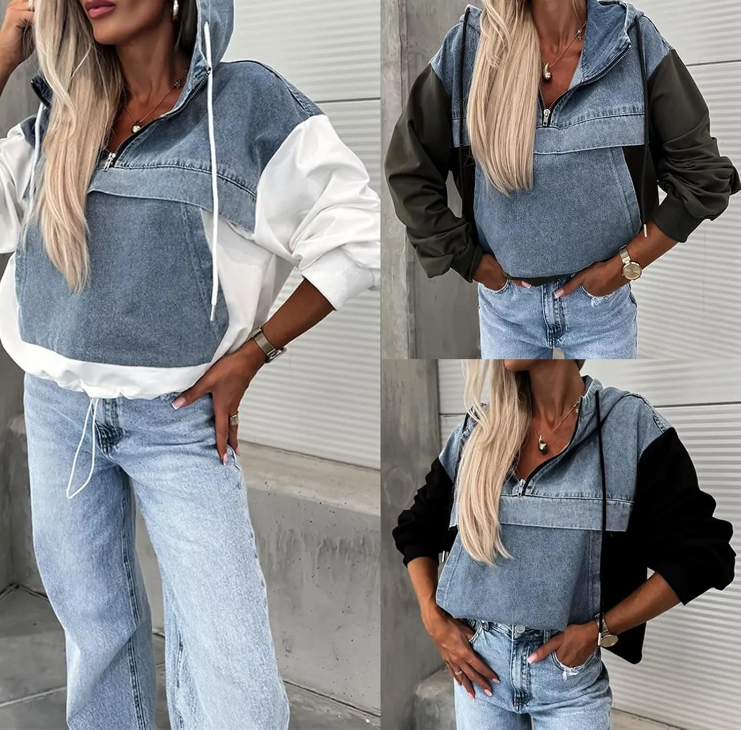 loveimgs Women Loose Denim Shirt Jean Jacket Hoodie Half Zip Pullover Sweatshirt Long Sleeve Hooded Patchwork Jumper