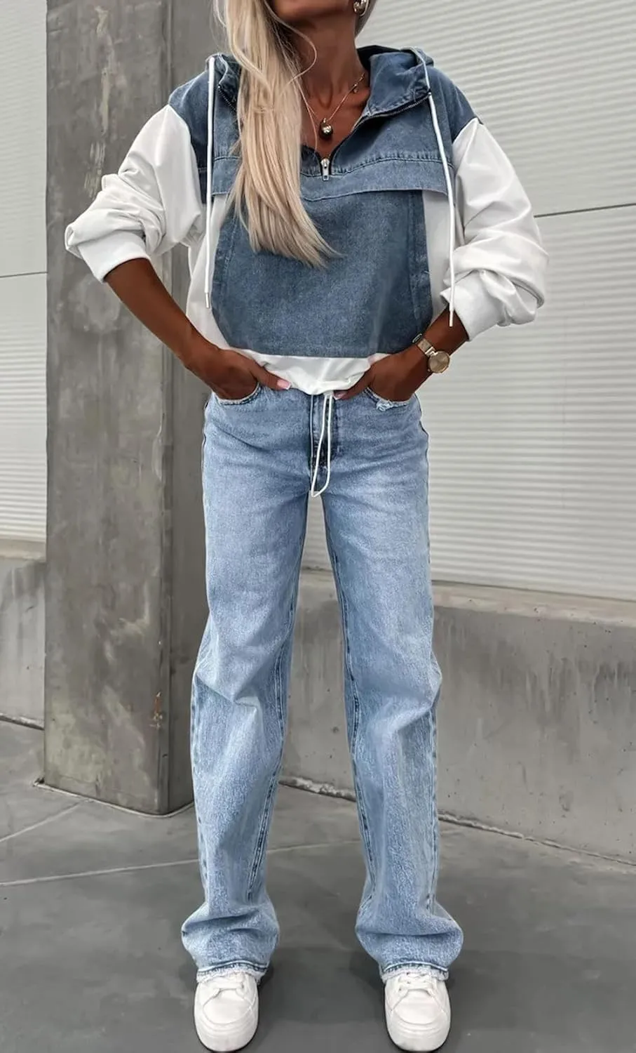loveimgs Women Loose Denim Shirt Jean Jacket Hoodie Half Zip Pullover Sweatshirt Long Sleeve Hooded Patchwork Jumper