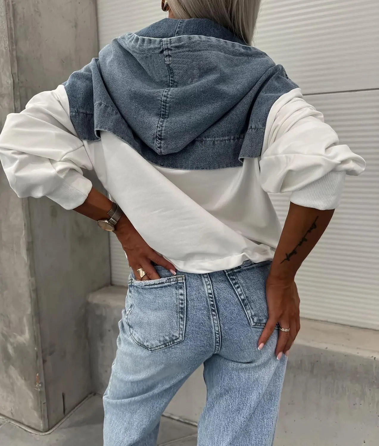 loveimgs Women Loose Denim Shirt Jean Jacket Hoodie Half Zip Pullover Sweatshirt Long Sleeve Hooded Patchwork Jumper