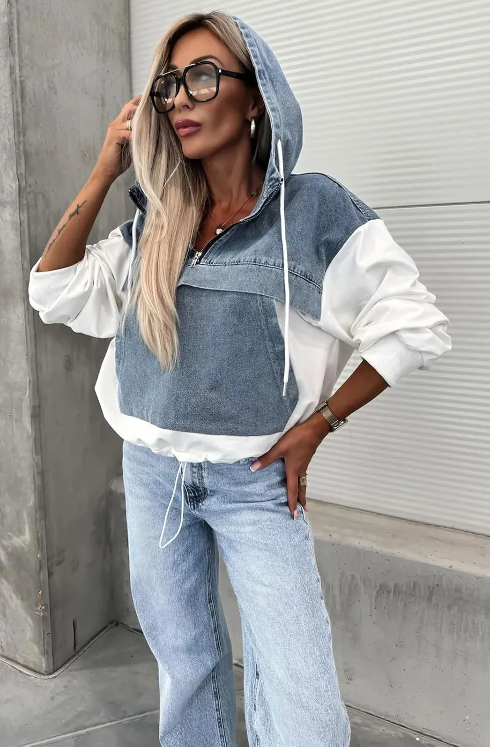 loveimgs Women Loose Denim Shirt Jean Jacket Hoodie Half Zip Pullover Sweatshirt Long Sleeve Hooded Patchwork Jumper