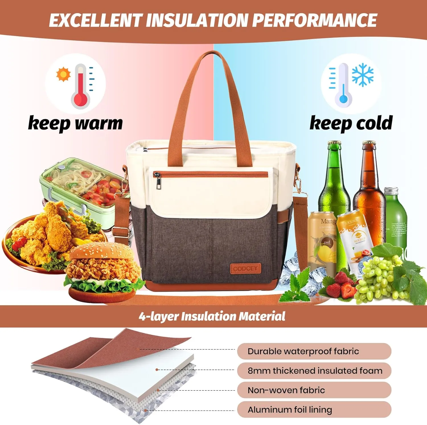 Lunch Box for Women Men, Lunch Bag Women, Leakproof Insulated Lunch Tote with Shoulder Strap Reusable Adult Lunch Cooler Tote Bag for Work(Brown,16.2L)