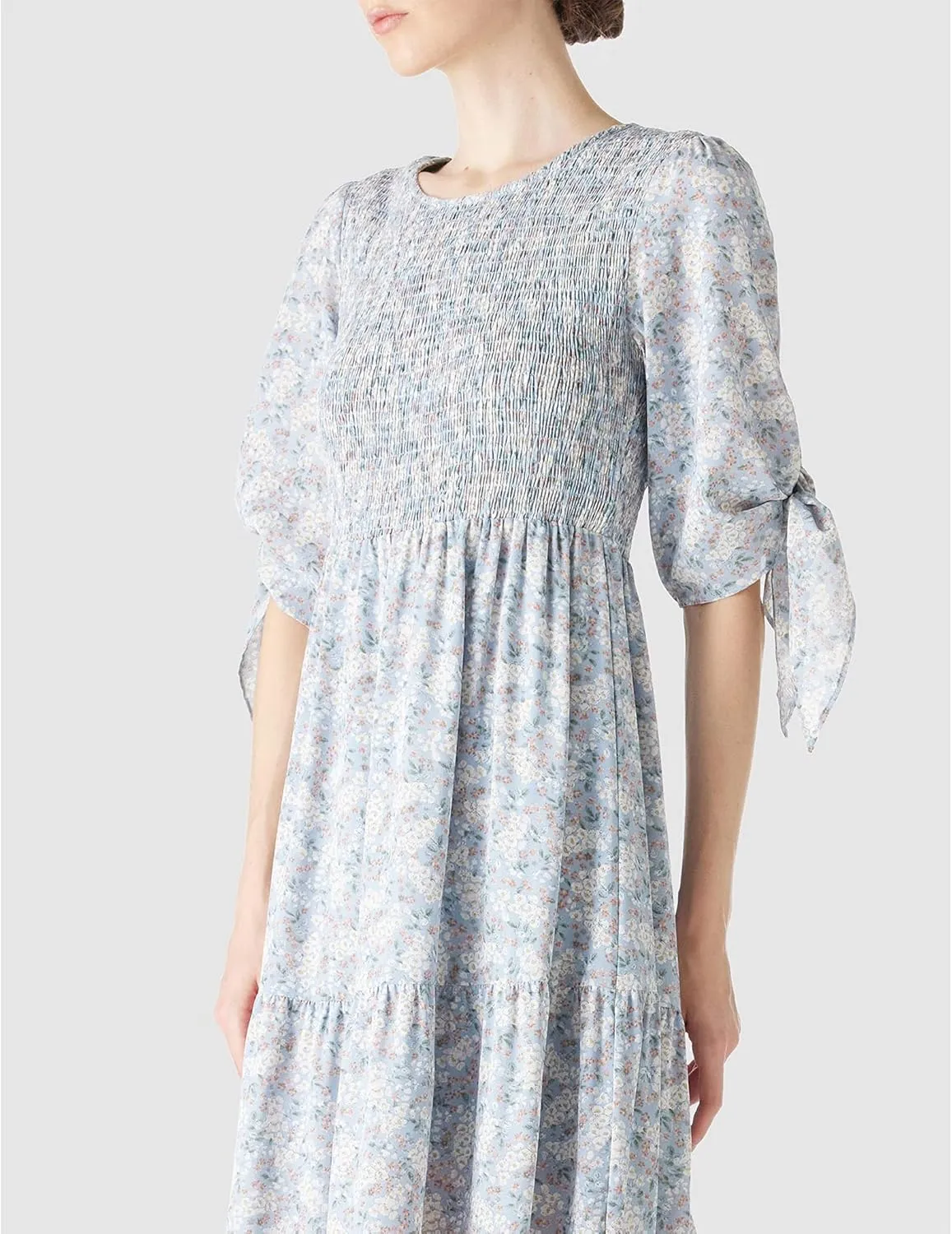 LUSMAY Women's Casual Tie 3/4 Sleeve Floral Maxi Dresses Summer Party Smocked Long Dress