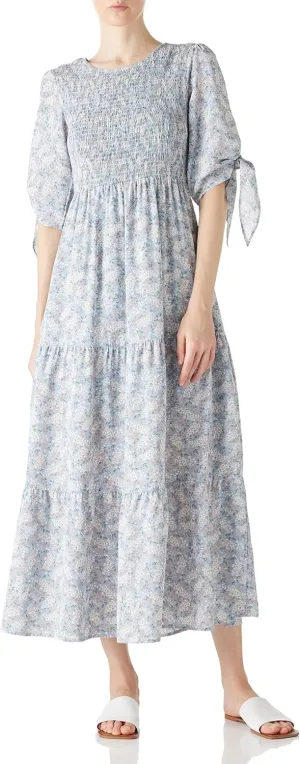 LUSMAY Women's Casual Tie 3/4 Sleeve Floral Maxi Dresses Summer Party Smocked Long Dress