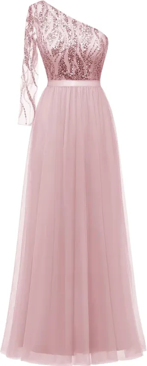 LVNES Women's 2024 Formal Dress One Shoulder Long Sleeves Formal Evening Dress Sparkly Sequin Beaded Cocktail Party Dresses