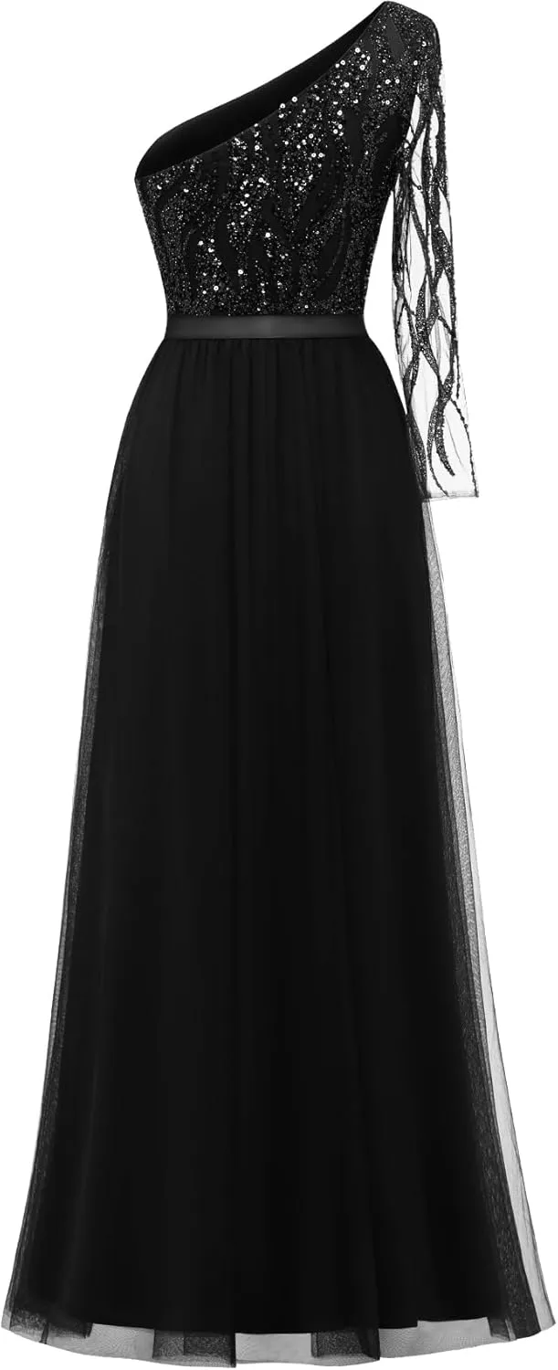 LVNES Women's 2024 Formal Dress One Shoulder Long Sleeves Formal Evening Dress Sparkly Sequin Beaded Cocktail Party Dresses