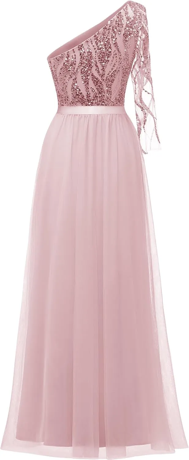 LVNES Women's 2024 Formal Dress One Shoulder Long Sleeves Formal Evening Dress Sparkly Sequin Beaded Cocktail Party Dresses