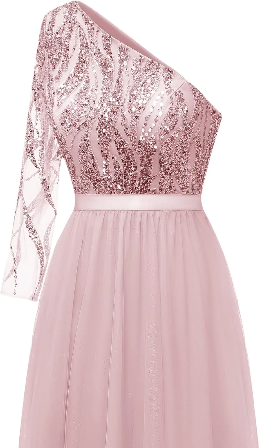 LVNES Women's 2024 Formal Dress One Shoulder Long Sleeves Formal Evening Dress Sparkly Sequin Beaded Cocktail Party Dresses