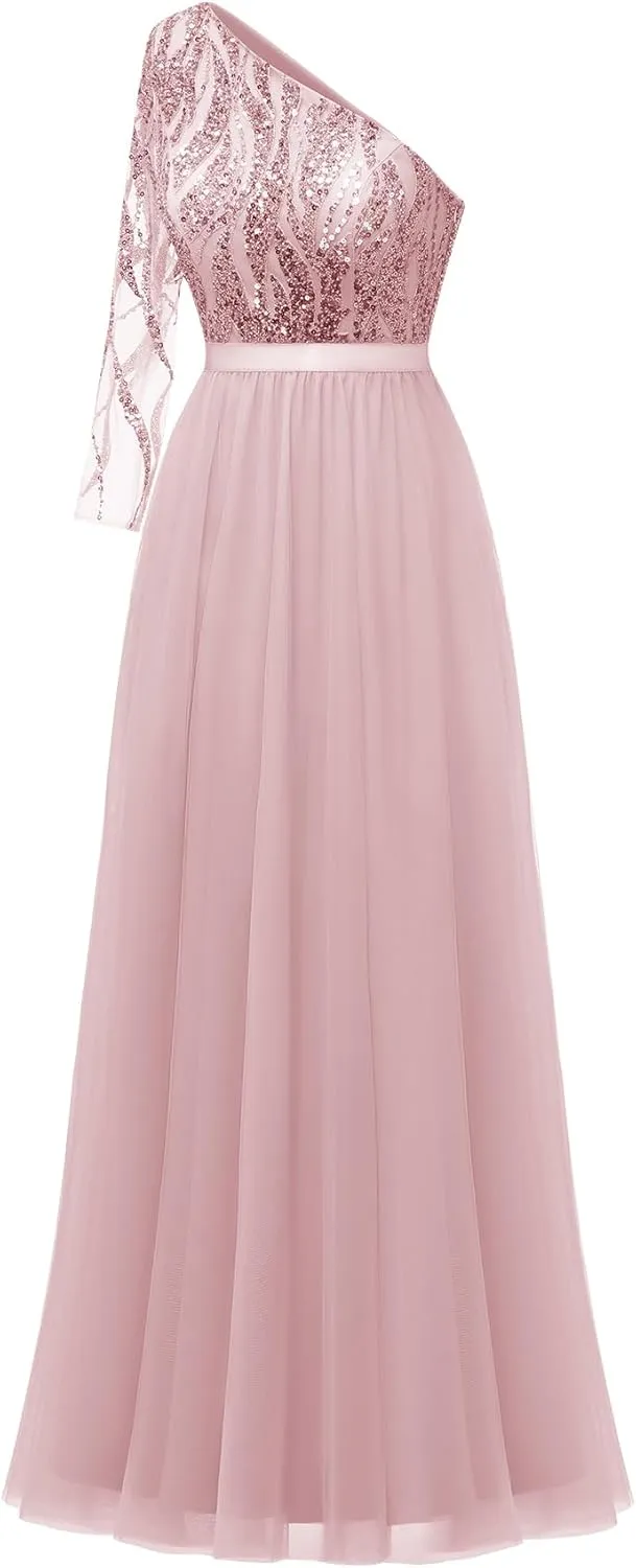 LVNES Women's 2024 Formal Dress One Shoulder Long Sleeves Formal Evening Dress Sparkly Sequin Beaded Cocktail Party Dresses