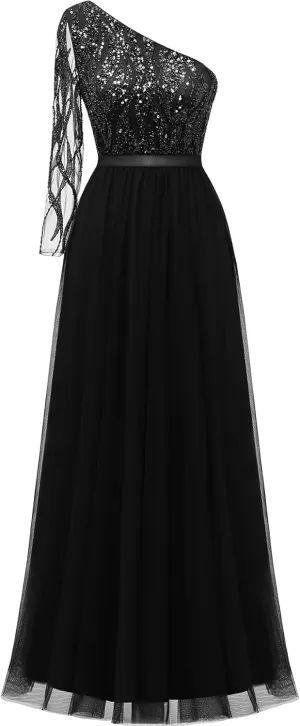 LVNES Women's 2024 Formal Dress One Shoulder Long Sleeves Formal Evening Dress Sparkly Sequin Beaded Cocktail Party Dresses