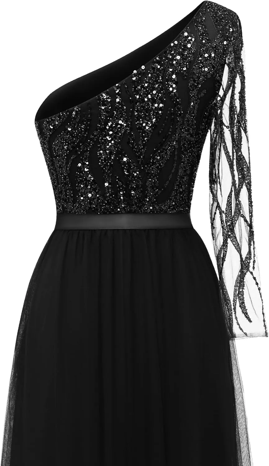 LVNES Women's 2024 Formal Dress One Shoulder Long Sleeves Formal Evening Dress Sparkly Sequin Beaded Cocktail Party Dresses