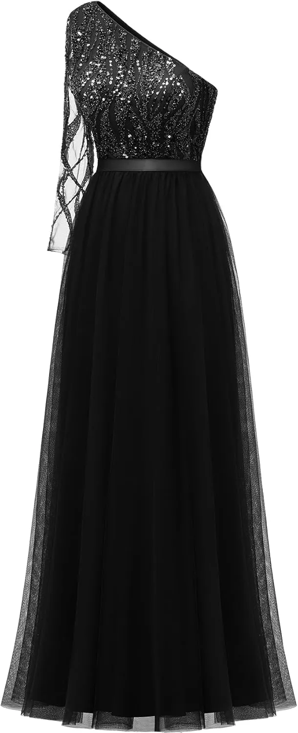 LVNES Women's 2024 Formal Dress One Shoulder Long Sleeves Formal Evening Dress Sparkly Sequin Beaded Cocktail Party Dresses