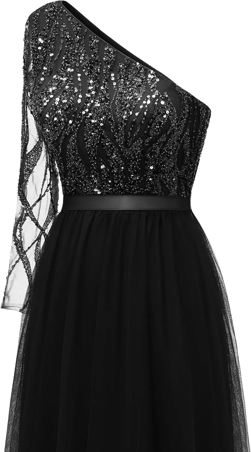 LVNES Women's 2024 Formal Dress One Shoulder Long Sleeves Formal Evening Dress Sparkly Sequin Beaded Cocktail Party Dresses