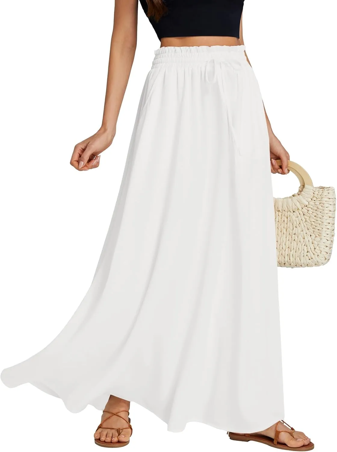 LYANER Women's Shirred Smocked Frill Drawstring Pleated High Waist Solid Maxi Skirt