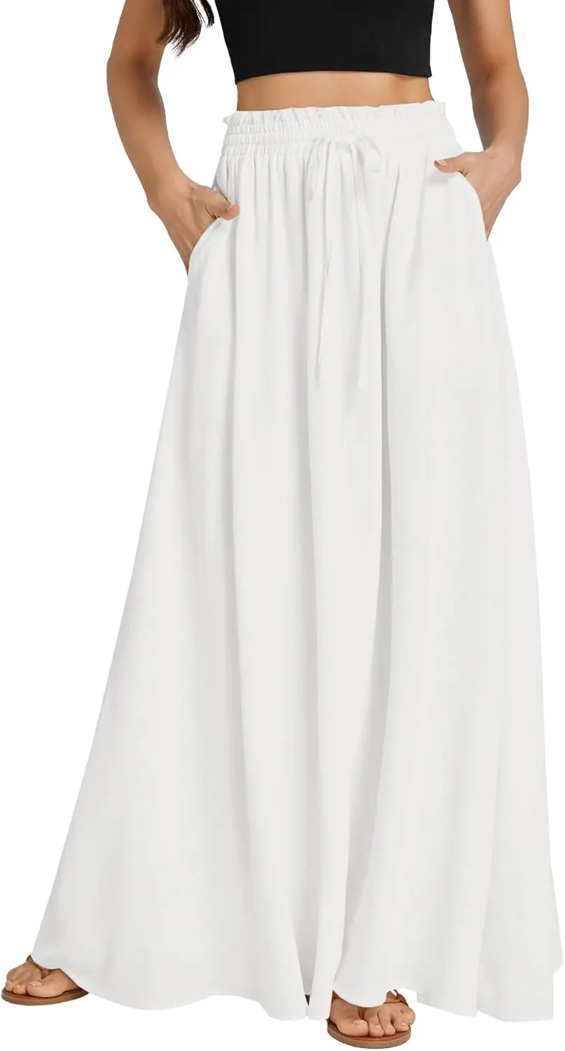 LYANER Women's Shirred Smocked Frill Drawstring Pleated High Waist Solid Maxi Skirt
