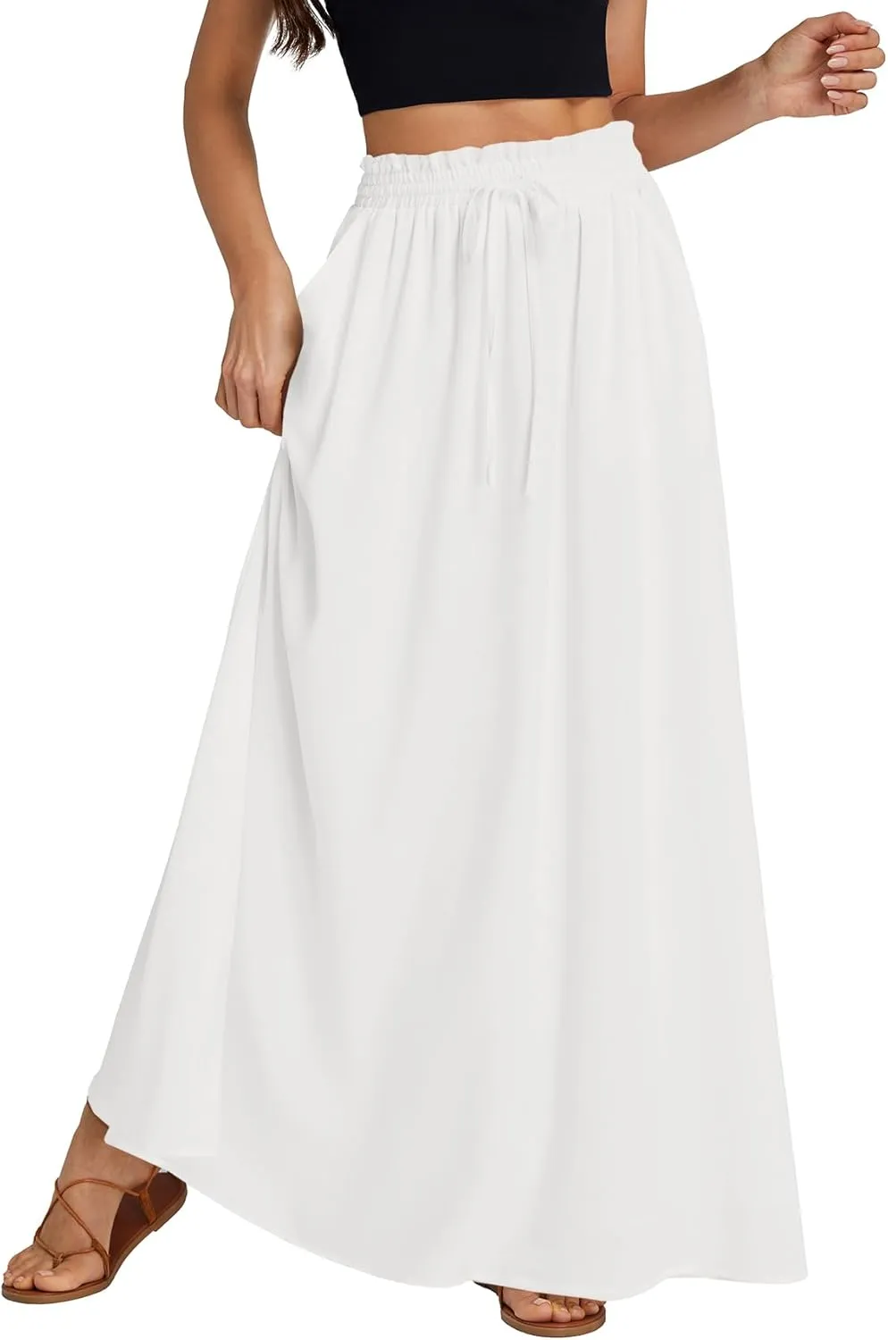 LYANER Women's Shirred Smocked Frill Drawstring Pleated High Waist Solid Maxi Skirt