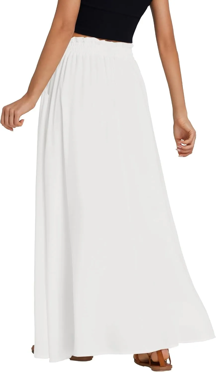 LYANER Women's Shirred Smocked Frill Drawstring Pleated High Waist Solid Maxi Skirt