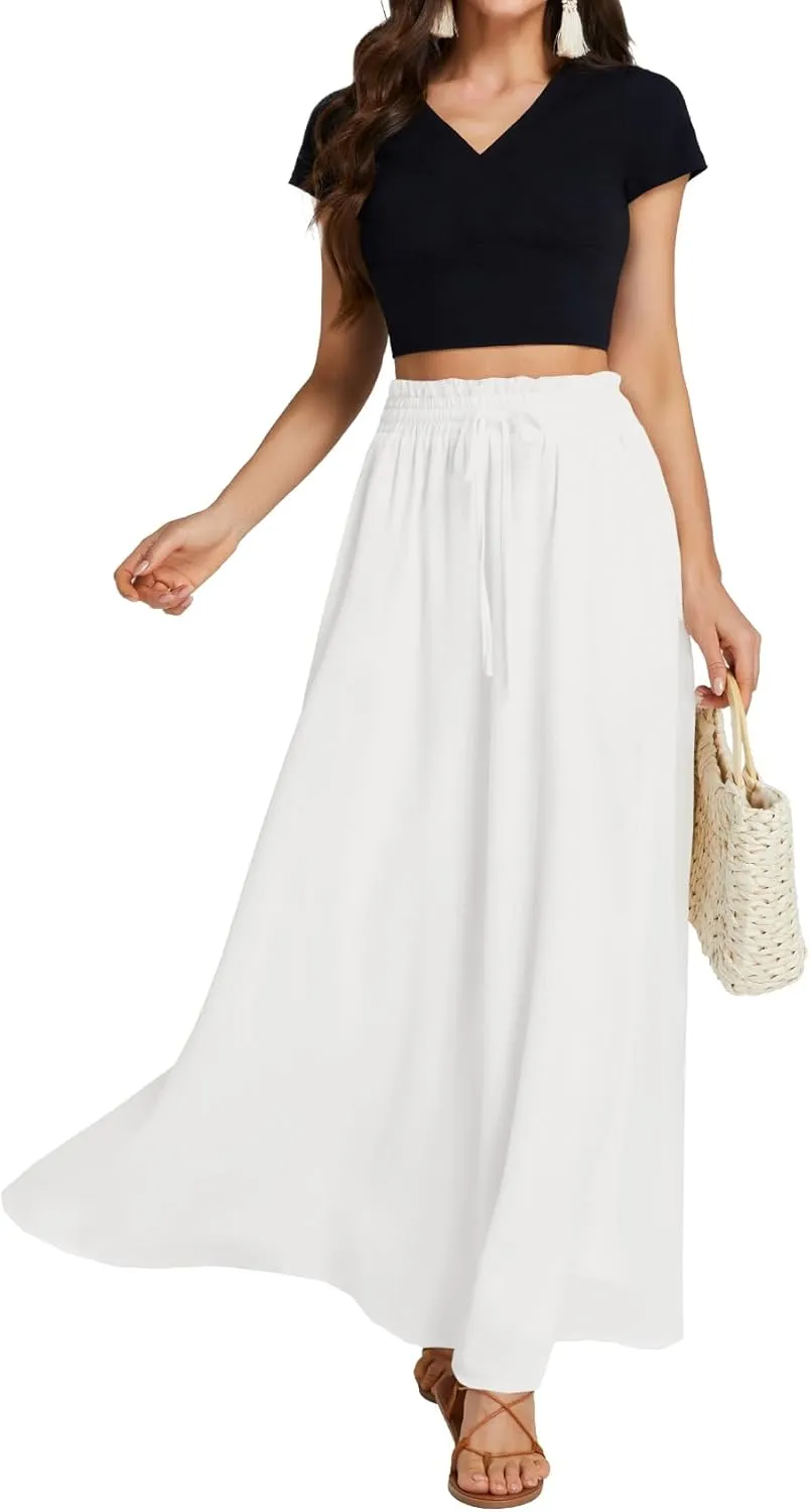 LYANER Women's Shirred Smocked Frill Drawstring Pleated High Waist Solid Maxi Skirt
