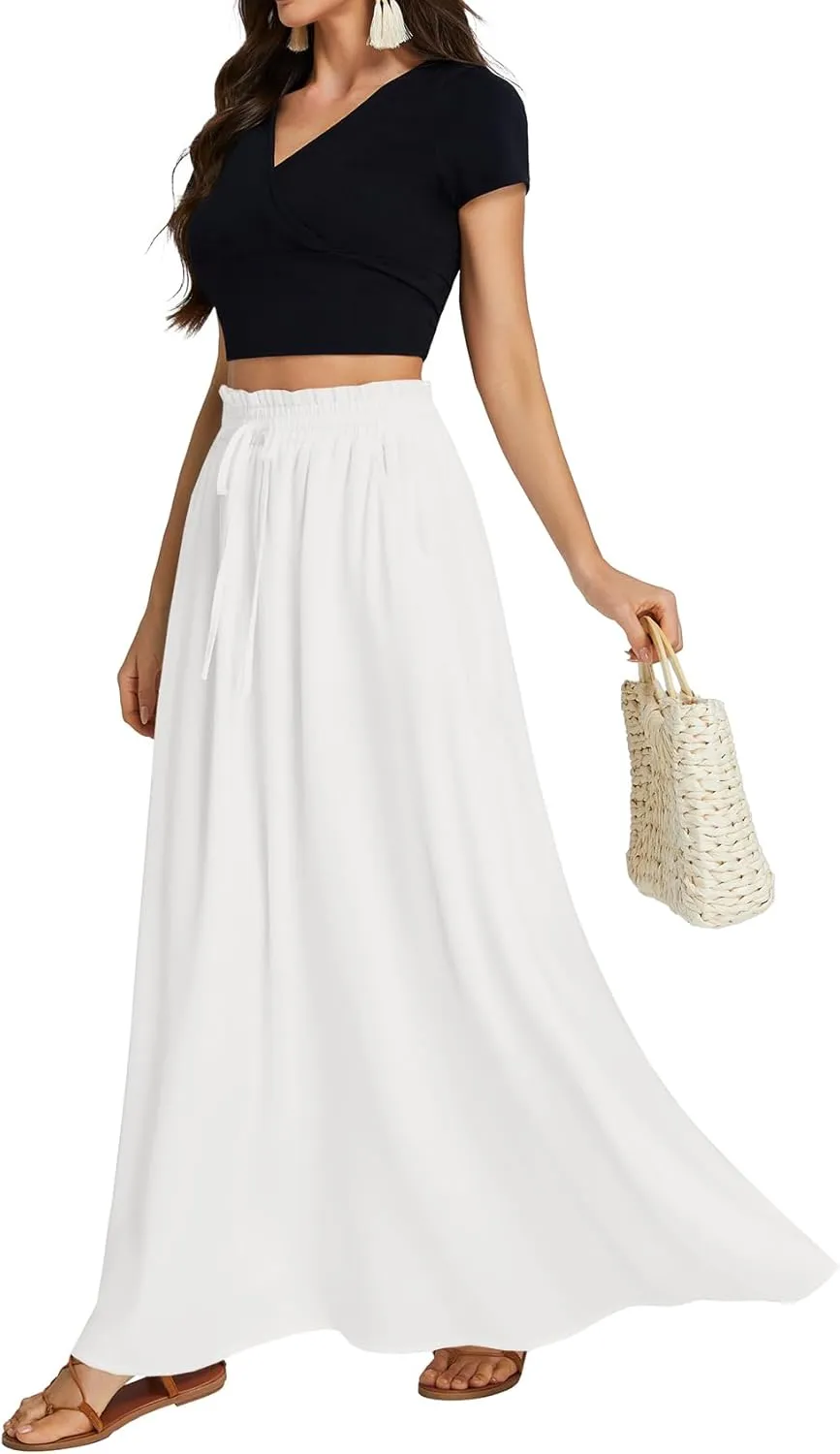 LYANER Women's Shirred Smocked Frill Drawstring Pleated High Waist Solid Maxi Skirt
