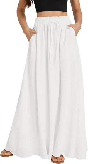 LYANER Women's Shirred Smocked Frill Drawstring Pleated High Waist Solid Maxi Skirt