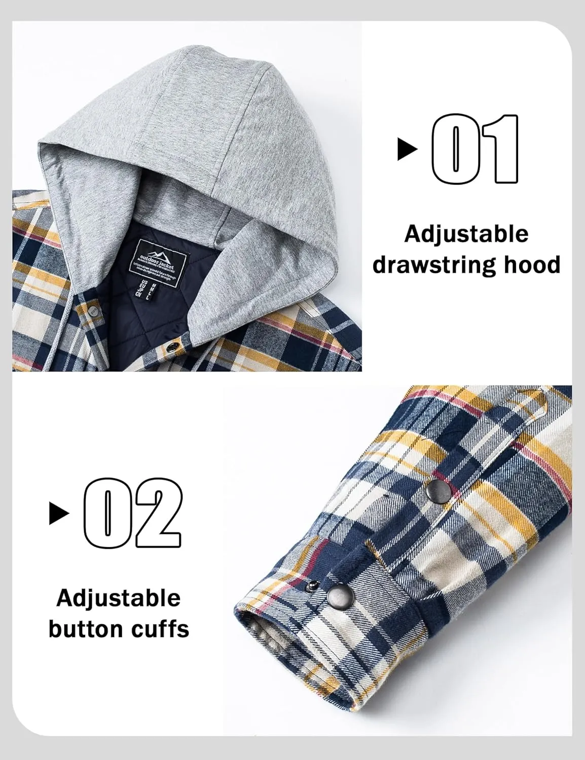 MAGCOMSEN Men's Quilted Lined Flannel Hoodie Jacket Cotton Button Down Shirt Jacket Long Sleeve Plaid Shirt Shacket