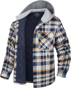 MAGCOMSEN Men's Quilted Lined Flannel Hoodie Jacket Cotton Button Down Shirt Jacket Long Sleeve Plaid Shirt Shacket