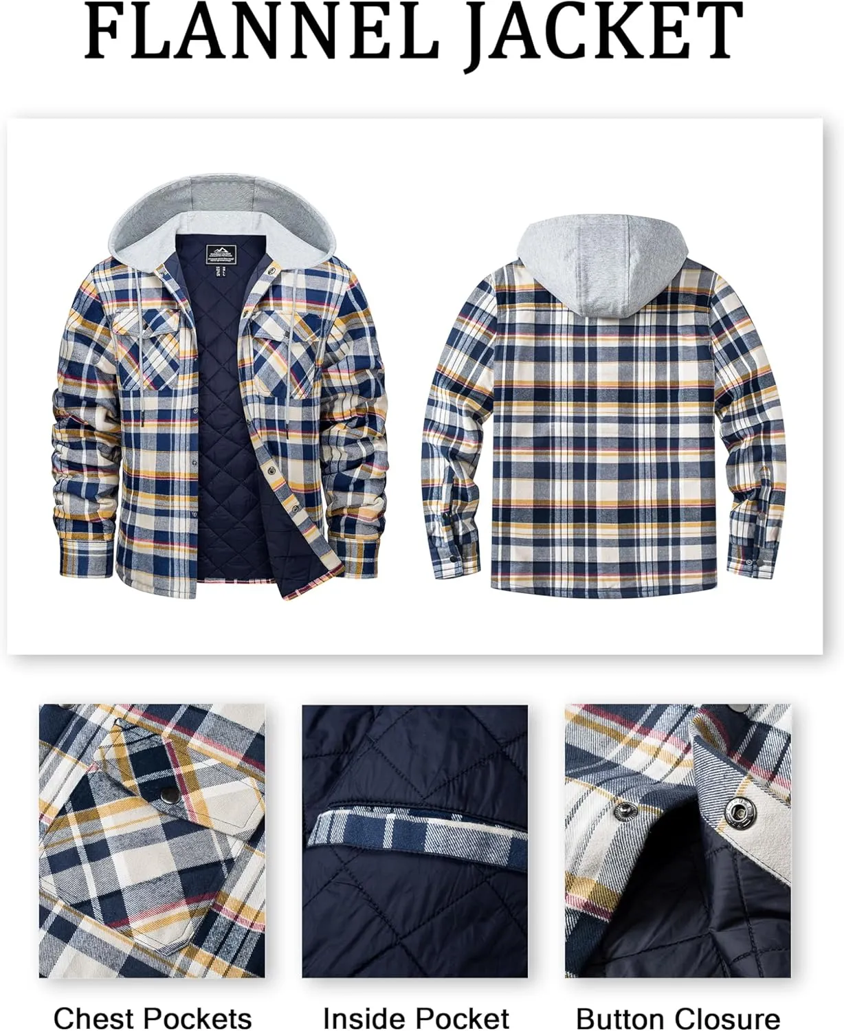 MAGCOMSEN Men's Quilted Lined Flannel Hoodie Jacket Cotton Button Down Shirt Jacket Long Sleeve Plaid Shirt Shacket