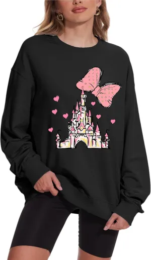 Magic Kingdom Sweatshirts For Women Magical Castle Pullover Bows Graphic Oversized Holiday Long Sleeve Tee Shirt Tops