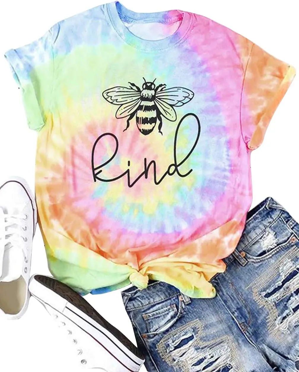MAIHUN Be Kind Shirt for Women Tie Dye Rainbow T Shirt Inspirational Teacher Tees Tops Blessed Short Sleeve