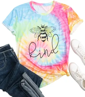 MAIHUN Be Kind Shirt for Women Tie Dye Rainbow T Shirt Inspirational Teacher Tees Tops Blessed Short Sleeve