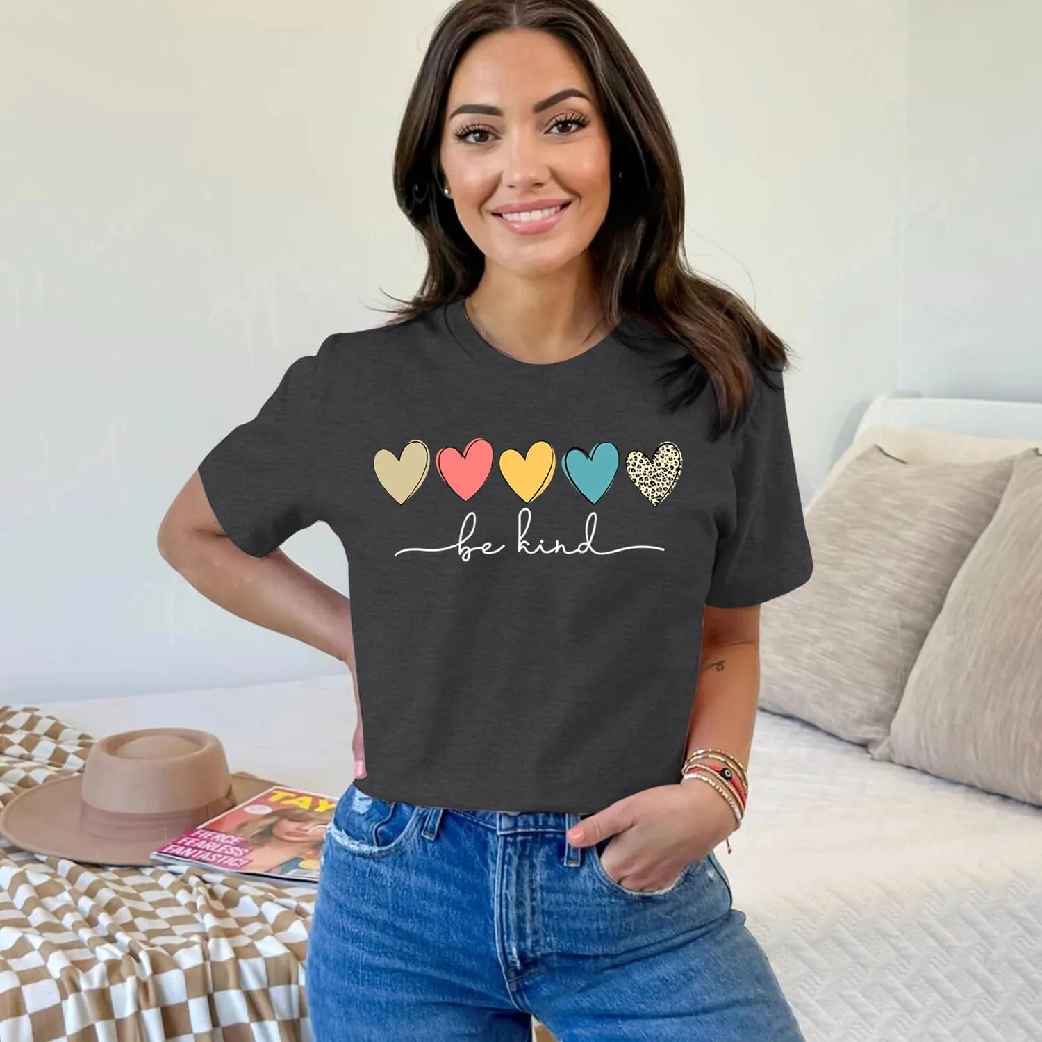 MAIHUN Be Kind Shirt for Women Tie Dye Rainbow T Shirt Inspirational Teacher Tees Tops Blessed Short Sleeve