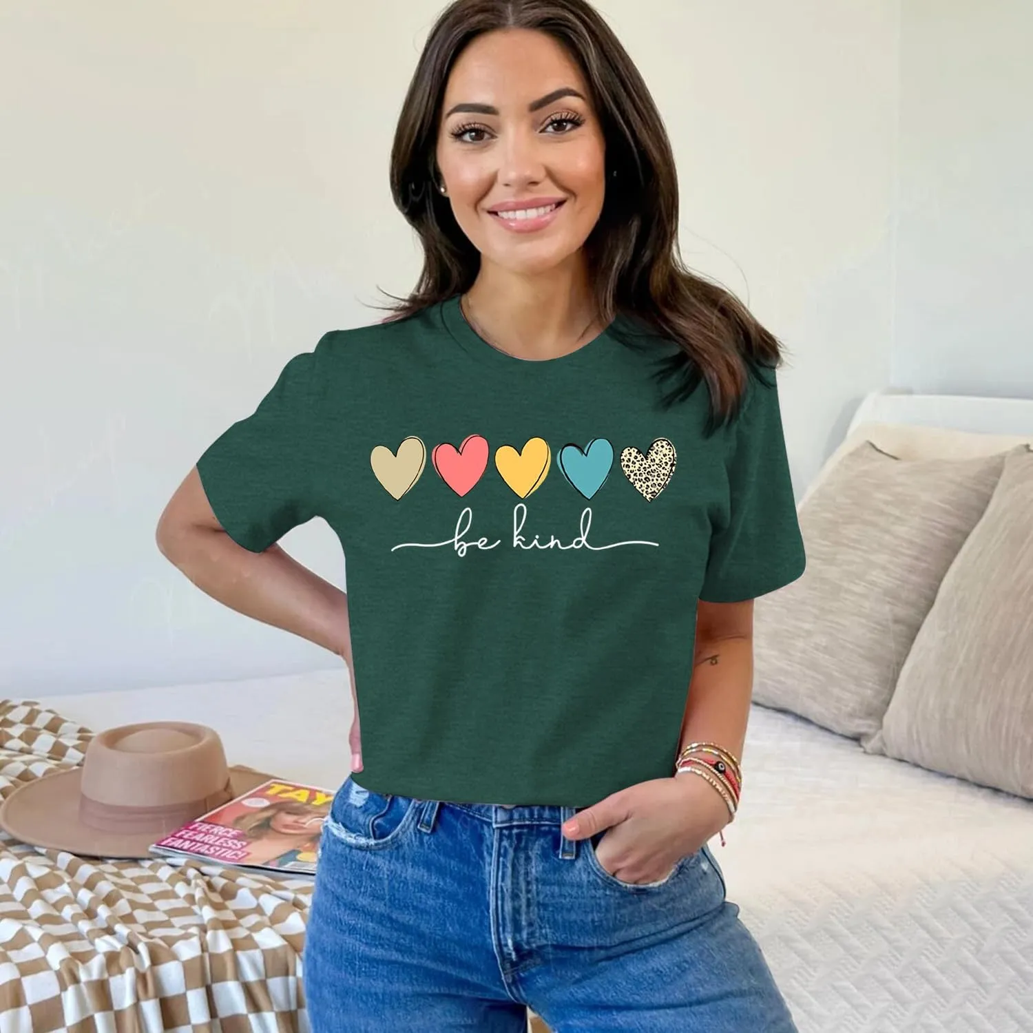 MAIHUN Be Kind Shirt for Women Tie Dye Rainbow T Shirt Inspirational Teacher Tees Tops Blessed Short Sleeve