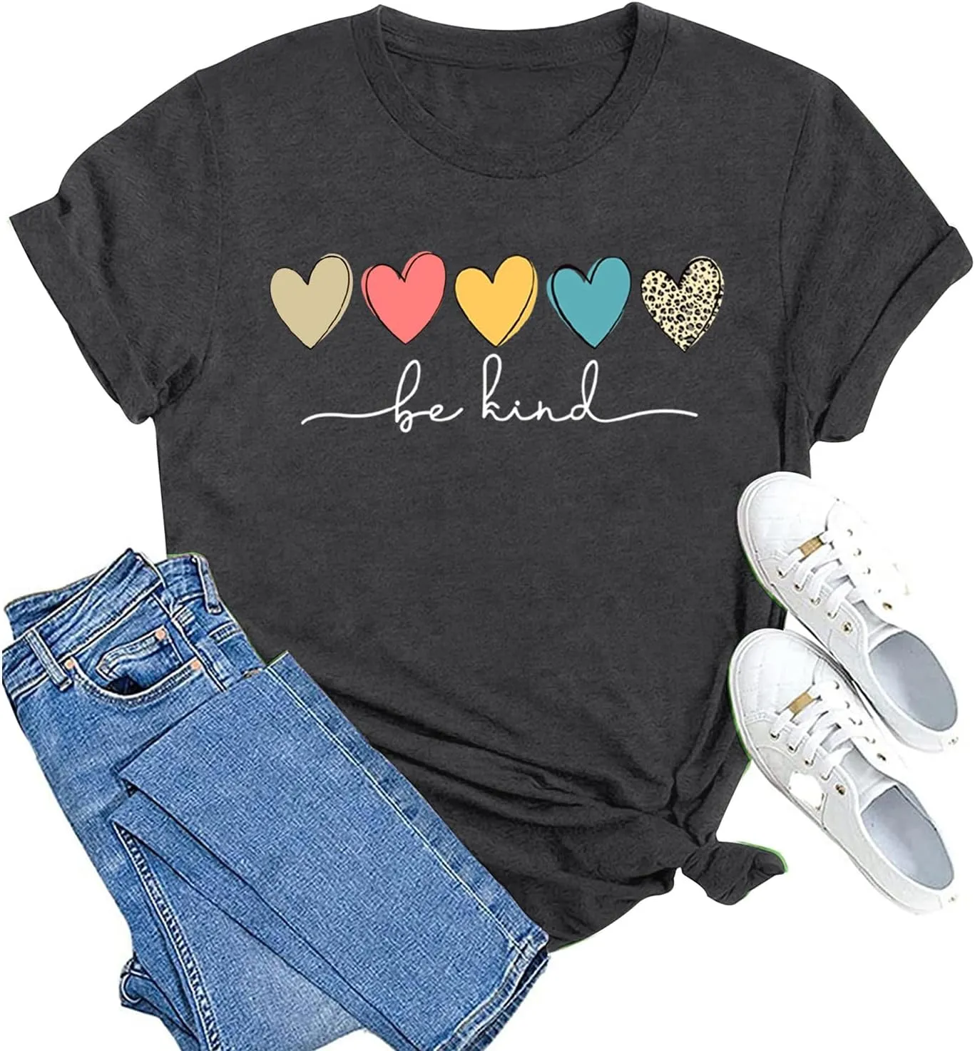 MAIHUN Be Kind Shirt for Women Tie Dye Rainbow T Shirt Inspirational Teacher Tees Tops Blessed Short Sleeve