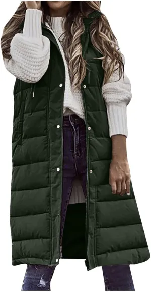 maisdgop Long Puffer Vest Women Hooded Single Breasted Puffy Coats Pretty Solid Color Jackets Sleeveless Pocket Cotton Coat