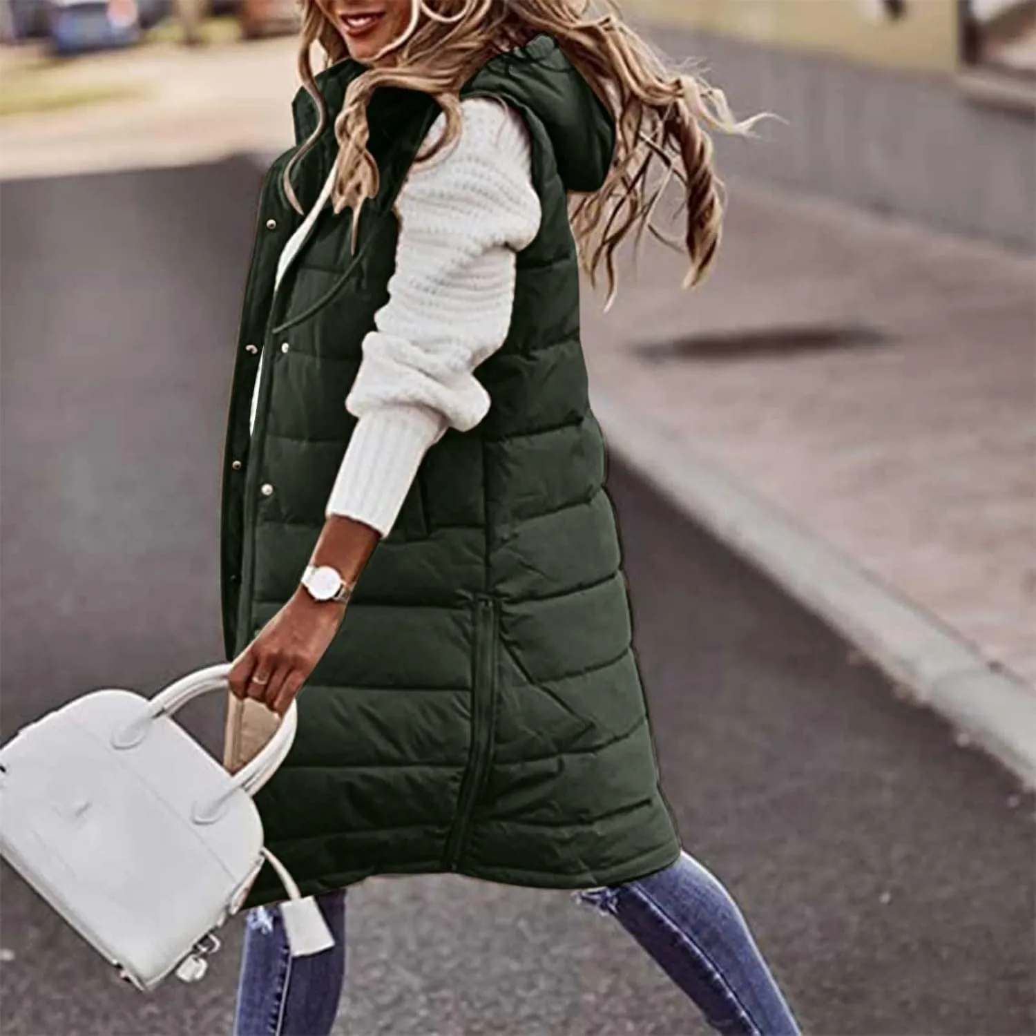 maisdgop Long Puffer Vest Women Hooded Single Breasted Puffy Coats Pretty Solid Color Jackets Sleeveless Pocket Cotton Coat