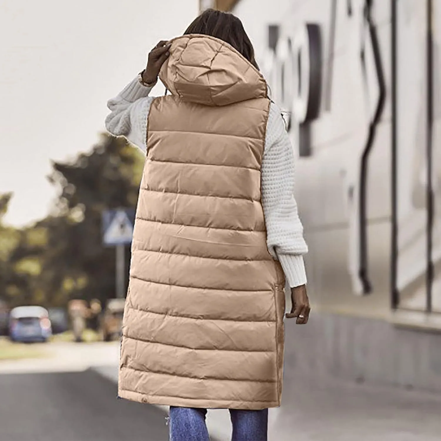 maisdgop Long Puffer Vest Women Hooded Single Breasted Puffy Coats Pretty Solid Color Jackets Sleeveless Pocket Cotton Coat