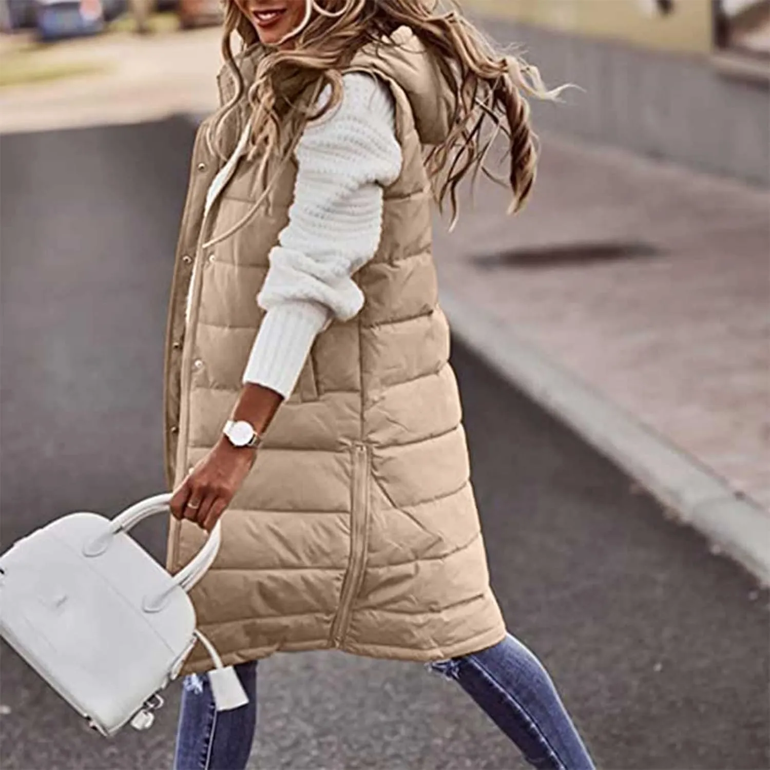 maisdgop Long Puffer Vest Women Hooded Single Breasted Puffy Coats Pretty Solid Color Jackets Sleeveless Pocket Cotton Coat