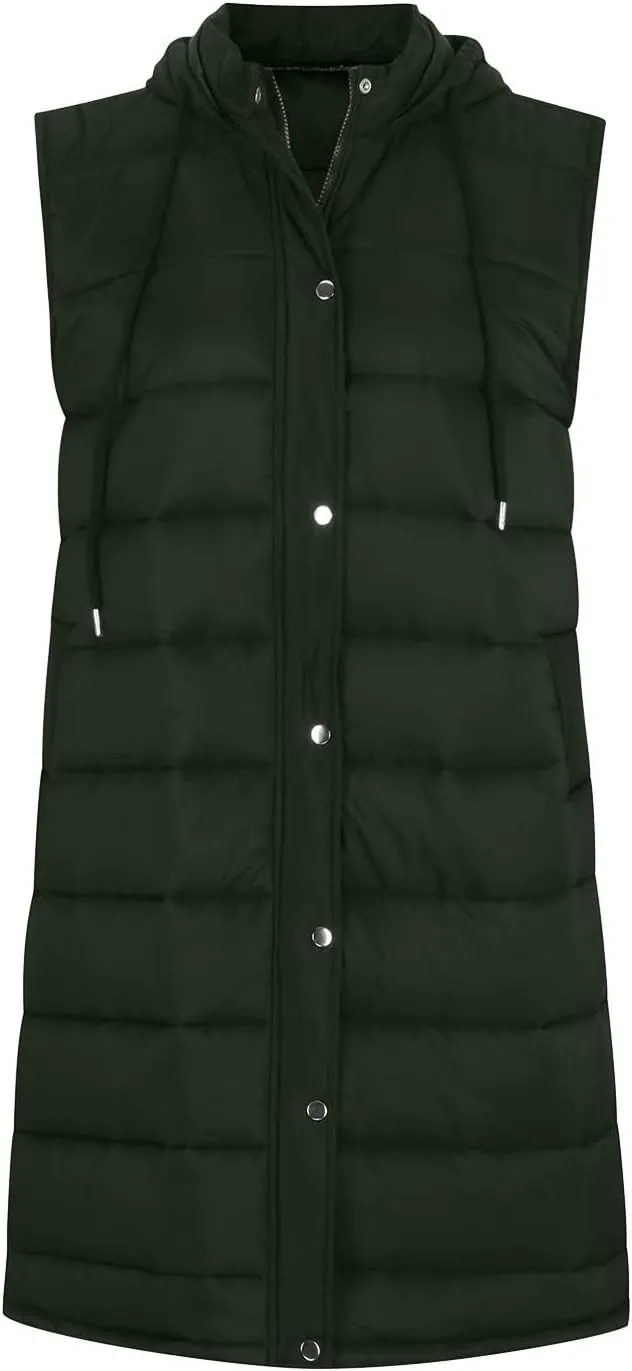 maisdgop Long Puffer Vest Women Hooded Single Breasted Puffy Coats Pretty Solid Color Jackets Sleeveless Pocket Cotton Coat