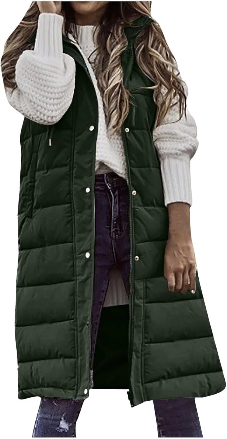 maisdgop Long Puffer Vest Women Hooded Single Breasted Puffy Coats Pretty Solid Color Jackets Sleeveless Pocket Cotton Coat