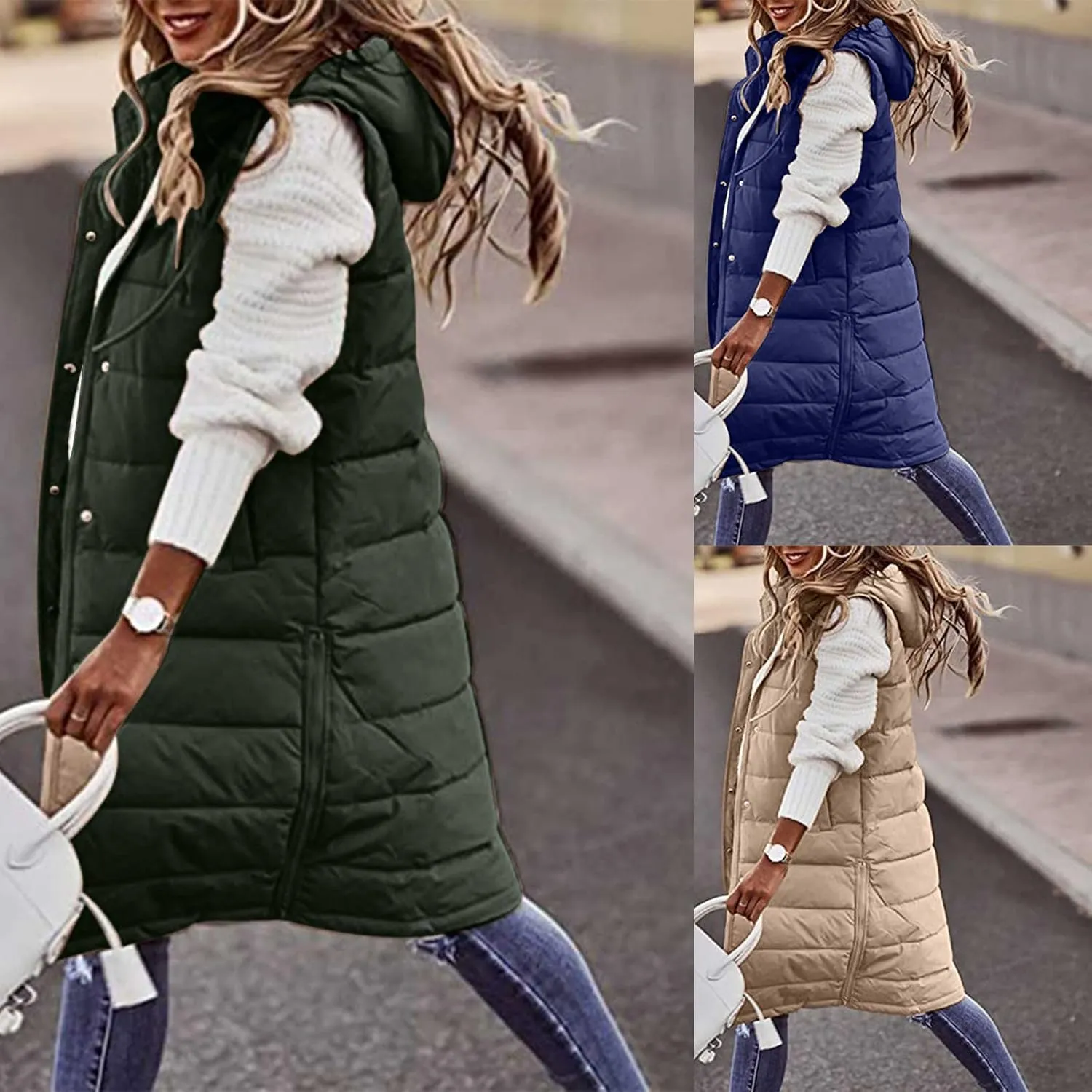 maisdgop Long Puffer Vest Women Hooded Single Breasted Puffy Coats Pretty Solid Color Jackets Sleeveless Pocket Cotton Coat